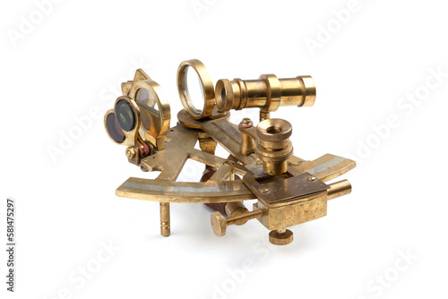 detailed view of a old nautical sextant with optics isolated on white background