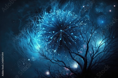 for a new year's celebration, blue fireworks with stars against a nighttime backdrop. Generative AI