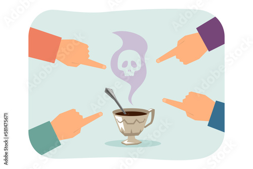 People pointing fingers at coffee vector illustration. Dangerous hot drink cup with steam in shape of skull. Refusal of coffee, harm of caffeine, health care, caffeine free menu concept