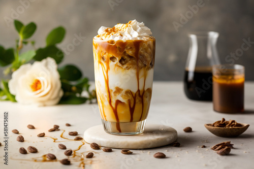 Delicious iced coffee in a clear glass with ice cubes, on a white table. The coffee is topped with cream and drizzled with caramel sauce. A cinnamon stick and coffee beans are used as decoration