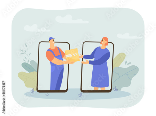 Delivery man handing box over to woman vector illustration. Happy customer and worker with package on smartphone screens. Customer service, online delivery, e-commerce, online shopping concept