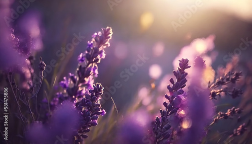 Lavender field at sunset, Close up, Generative AI