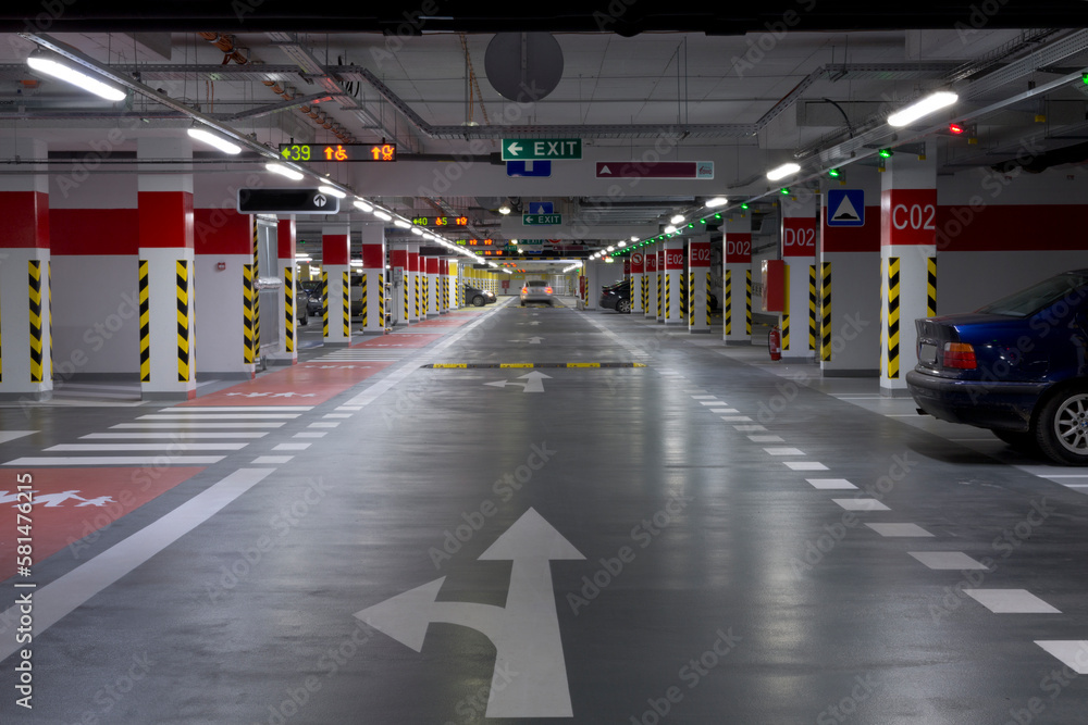 modern underground garage, parking places