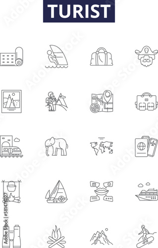 Turist line vector icons and signs. Vacationer, Voyager, Excursionist, Visitor, Explorers, Trekker, Pilgrim, Tripper outline vector illustration set