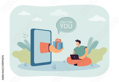 Smartphone offering gift vector illustration. Customer with laptop getting personalized ads and products in social media. Personalization in ecommerce, online shopping, advertising concept