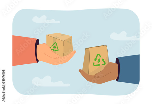 Hands holding recycled products vector illustration. People exchanging goods for secondary use of products and zero waste life. Sustainability, recycling, upcycling, ecology concept
