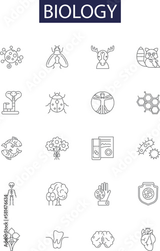Biology line vector icons and signs. genetics, evolution, cells, environment, biochemistry, anatomy, physiology, classification outline vector illustration set