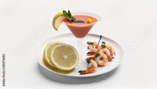 A plate of shrimp cocktail with cocktail sauce and lemon on White Background with copy space for your text created with generative AI technology