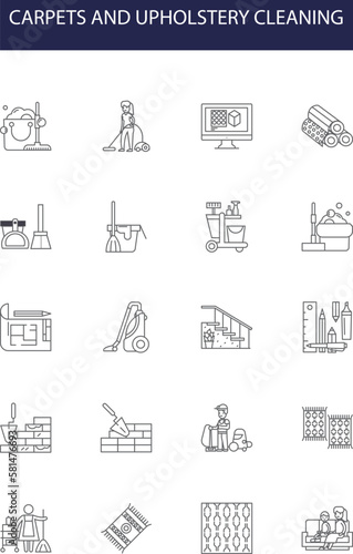 Carpets and upholstery cleaning line vector icons and signs. Upholstery, Cleaning, Vacuuming, Shampooing, Steam, Stain, Remover, Deodorizing outline vector illustration set