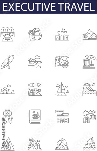 Executive travel line vector icons and signs. Executive, Travel, Corporate, Air, Flight, Jet, Service, Charter outline vector illustration set