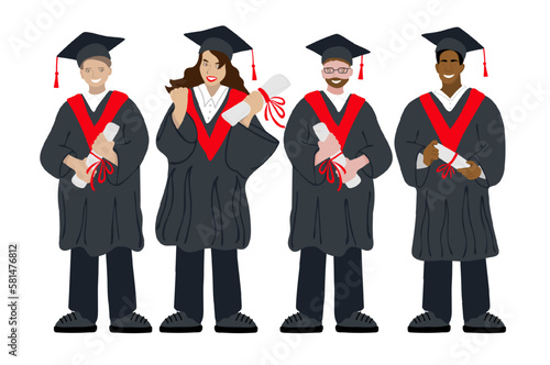 Different ethnic graduated students. Happy students with diplomas wearing academic gown and graduation cap, group with education certificate. Vector illustration