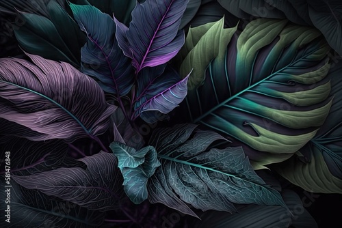texture of tropical leaves  background of nature  attractive plant  dark green and purple thorn foliage. Generative AI