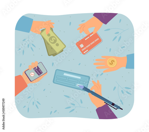 Various payment options vector illustration. Hands holding credit card, cash, phone, bank check to pay for purchase. Banking, online shopping, digital wallet, finance concept