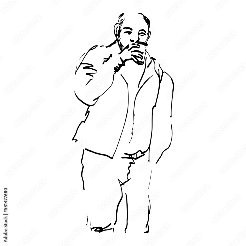 Sketched Person. Hand Drawn Illustration Of A Grown Man Drinking Coffee