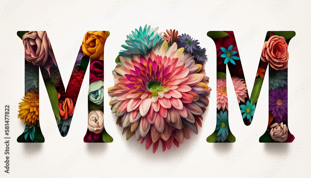Mother's day - illustration of mom text made with flowers, Generative ai - obrazy, fototapety, plakaty 