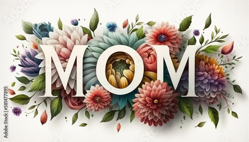 Mother's day - illustration of mom text made with flowers, Generative ai photo