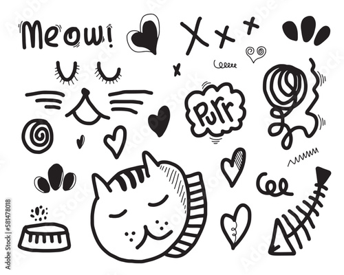 Hand drawn cute cat. Vector illustration of animal with adorable kitten.