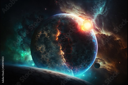 Fantasy with planet and dark background with stars. cosmic sky of the stars. Abstract background of space. outside of. evening scene Universe's cosmic radiation can be heard. Generative AI
