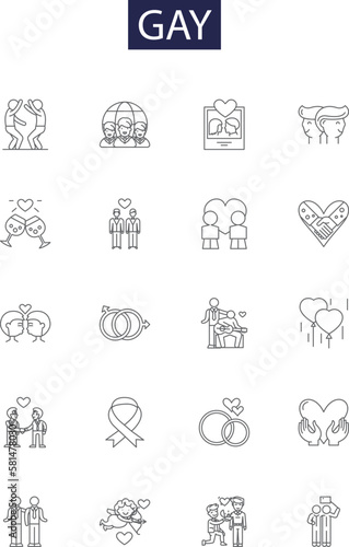 Gay line vector icons and signs. Queer, Homosexual, Marriage, Pride, Transgender, Bisexual, Rainbow, Gender outline vector illustration set