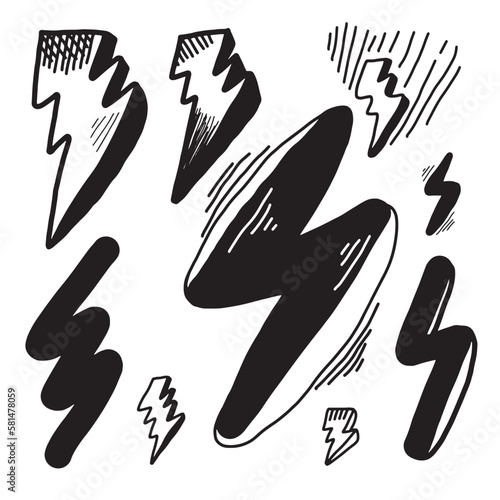 set of hand drawn vector doodle electric lightning bolt symbol sketch illustrations. thunder symbol doodle icon.