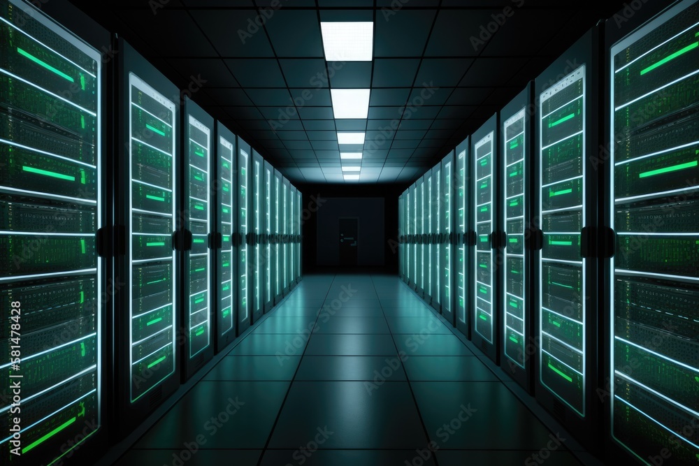rows of computers in a room data center. Generative AI rows of computers in a room data center. Generative AI