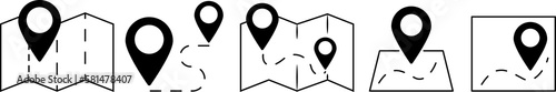 Map and location symbols set. Mapping icon. GPS cartography position. Geolocation map path distance. Map search, route, navigator . PNG image	
