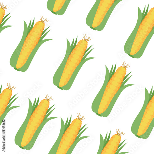 Seamless pattern with corn cobs with yellow corn grains and green leaves . Repeatable illustrations of the ripe corn on the cob. Vector illustration