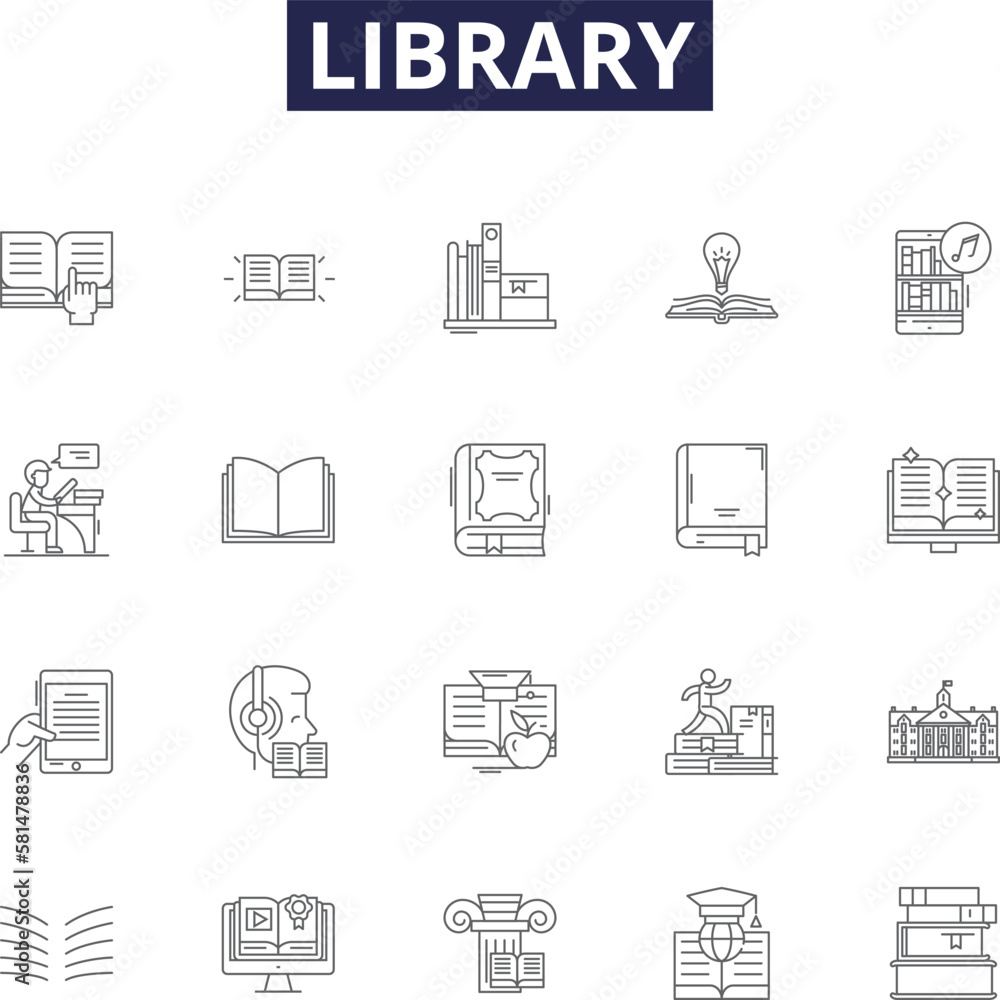 Library line vector icons and signs. cataloguing, catalogs, archives, librarians, literature, research, borrowing, reference outline vector illustration set - obrazy, fototapety, plakaty 