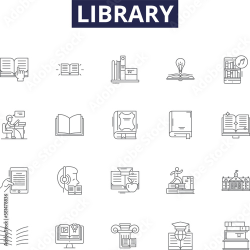 Library line vector icons and signs. cataloguing, catalogs, archives, librarians, literature, research, borrowing, reference outline vector illustration set