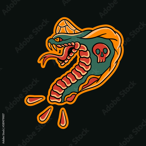 Hand drawn illustration of cobra snake traditional tattoo vector design