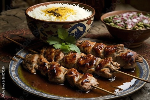 Chicken and mutton are used to make Iranian kebabs. You can eat kebab with rice or bread. Sumac is undoubtedly drizzled on kebabs in Iran. Generative AI photo