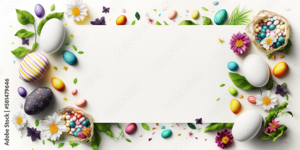 Easter colourful frame with Easter eggs and spring flowers on white background. Easter greeting card with copy space. AI generative.