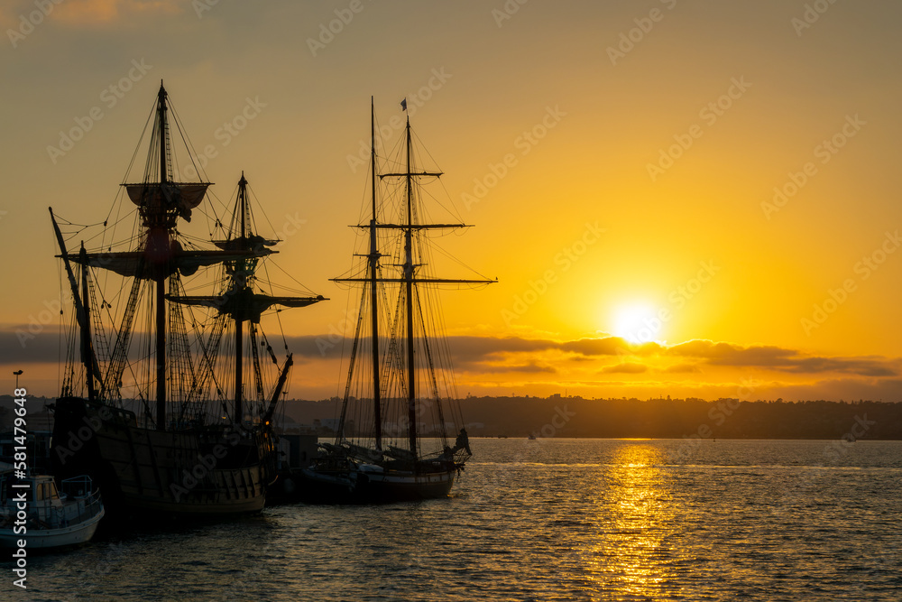 San Salvador historic sailing ship in San Diego maritime museum at sunset, California