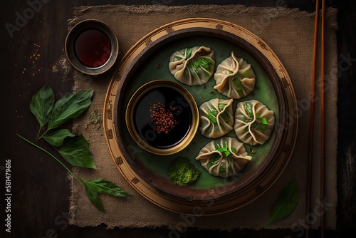 Home made chinese and korean dumplings served on the traditional steamer and bamboo mat decorated with soy sauce, parsley, giner and green tea. Top View. Generative AI photo
