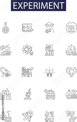 Experiment line vector icons and signs. Test, Assay, Tryout, Exercise, Trial, Analysis, Exploration, Prove outline vector illustration set