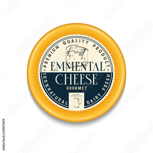 Vector Emmental cheese vintage round label and packaging design template, cheese detailed icons. Dairy product illustration for dairies, package and groceries branding.