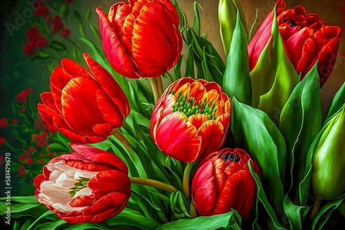 bright red tulips bouquet of beaful festive spring flowers, created with generative ai photo