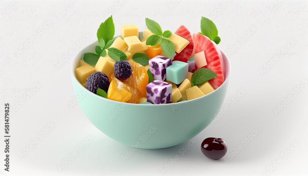 A colorful fruit salad with berries and melon on White Background with copy space for your text created with generative AI technology A colorful fruit salad with berries and melon on White Background with copy space for your text created with generative AI technology