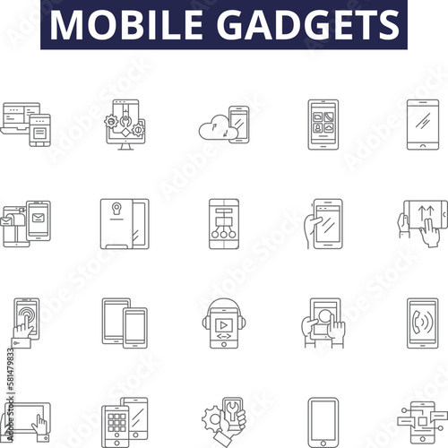 Mobile gadgets line vector icons and signs. Tablets, Chargers, Cases, Earphones, Headphones, Smartwatches, Cables, Docks outline vector illustration set photo