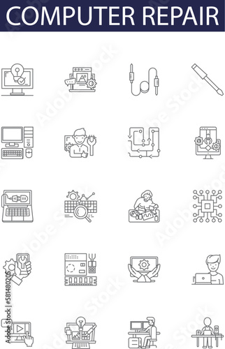 Computer repair line vector icons and signs. Laptop, Desktop, Troubleshoot, Virus, Malware, Monitor, Keyboard, Install outline vector illustration set