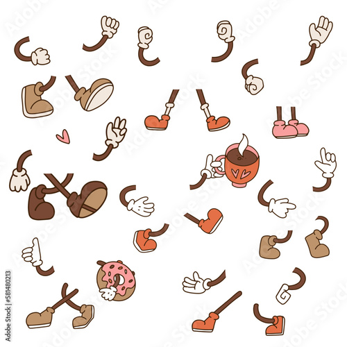 Fototapeta Naklejka Na Ścianę i Meble -  Retro cartoon legs, arms gestures and hands poses collection. Comic funny character foot in boots and hands in gloves. Animation mascot body parts set. Vector hand drawn illustration.