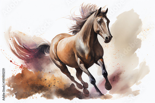 Watercolour abstract animal painting of an isolated brown horse running through dust and sand which could be used as a poster or flyer, computer Generative AI stock illustration image