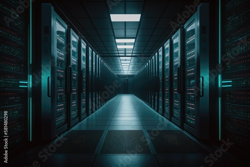 Image shows a large, active data center with a corridor containing a number of supercomputers and rack servers. Generative AI