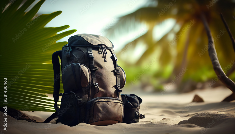 Travel backpack in the sand on a tropical beach under palm leaves. Generative AI.