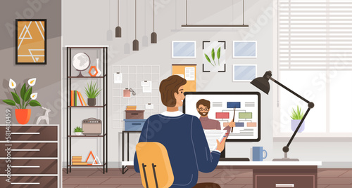 Online conference flat illustration. Man using computer to have video call with colleague or friends. Video conferencing and online communication. Remote work in home office. Meeting on internet