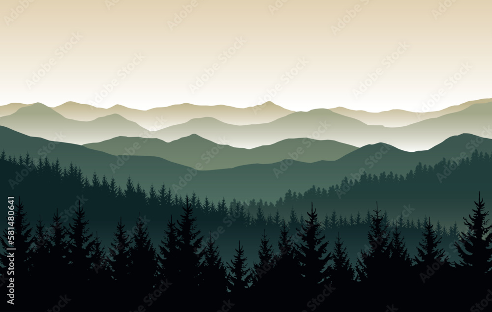 Vector nature landscape with silhouettes of mountains and forest