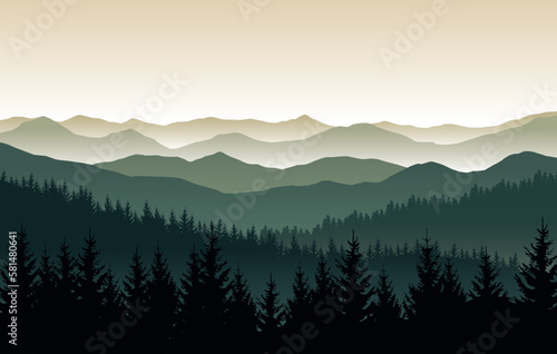 Vector nature landscape with silhouettes of mountains and forest