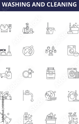Washing and cleaning line vector icons and signs. Scrubbing, Mopping, Wiping, Vacuuming, Brushing, Soaping, Sweeping, Sanitizing outline vector illustration set