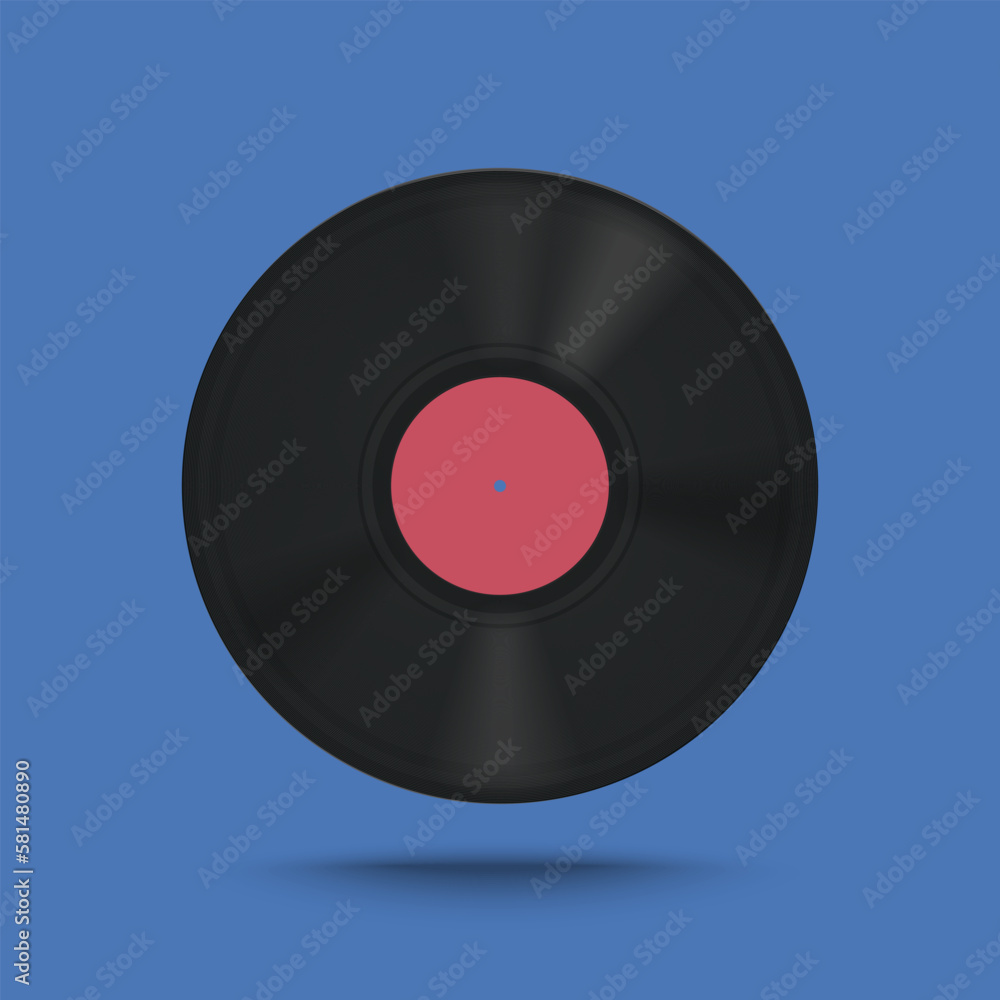 Obraz premium Vector realistic illustration of black vinyl with red label on blue background.