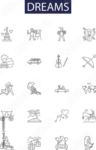 Dreams line vector icons and signs. Ambition, Fantasies, Goals, Motivation, Hopes, Fantasize, Aspirations, Vision outline vector illustration set